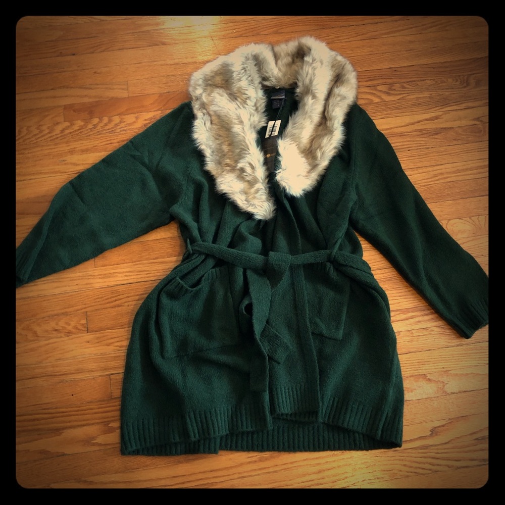 Torrid Outlander Green Faux Fur Collar Cardigan
